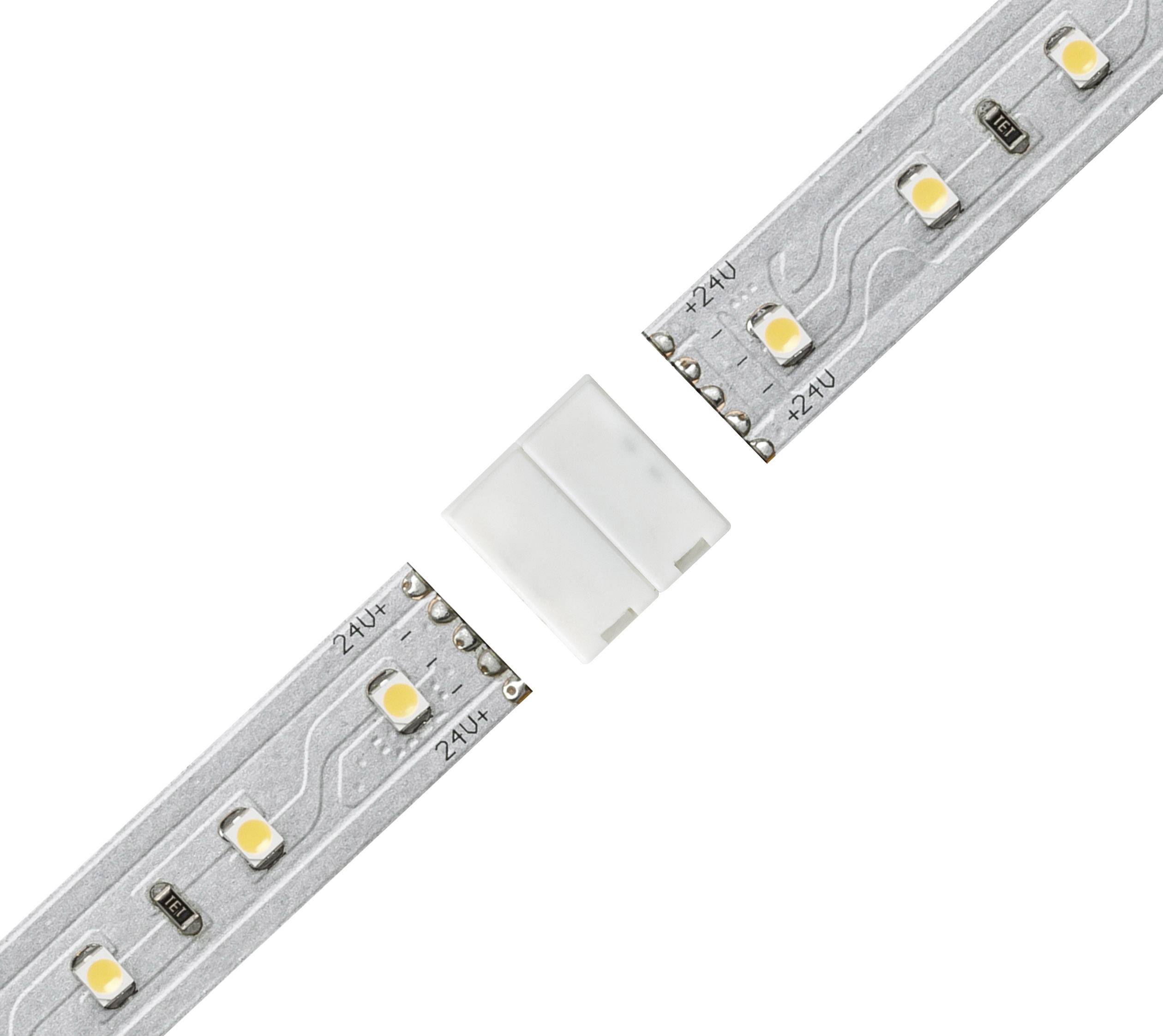 Zwei LED-Streifen verbunden durch einen weißen Konnektor. Jeder Streifen hat fünf kleine gelbe LED-Lichter und ist mit '24V' markiert.