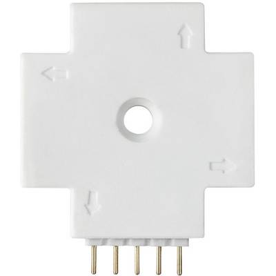 Weißer Plastikadapter mit vier Richtungspfeilen und einem zentralen Loch, unten vier Metallstifte zur Verbindung.