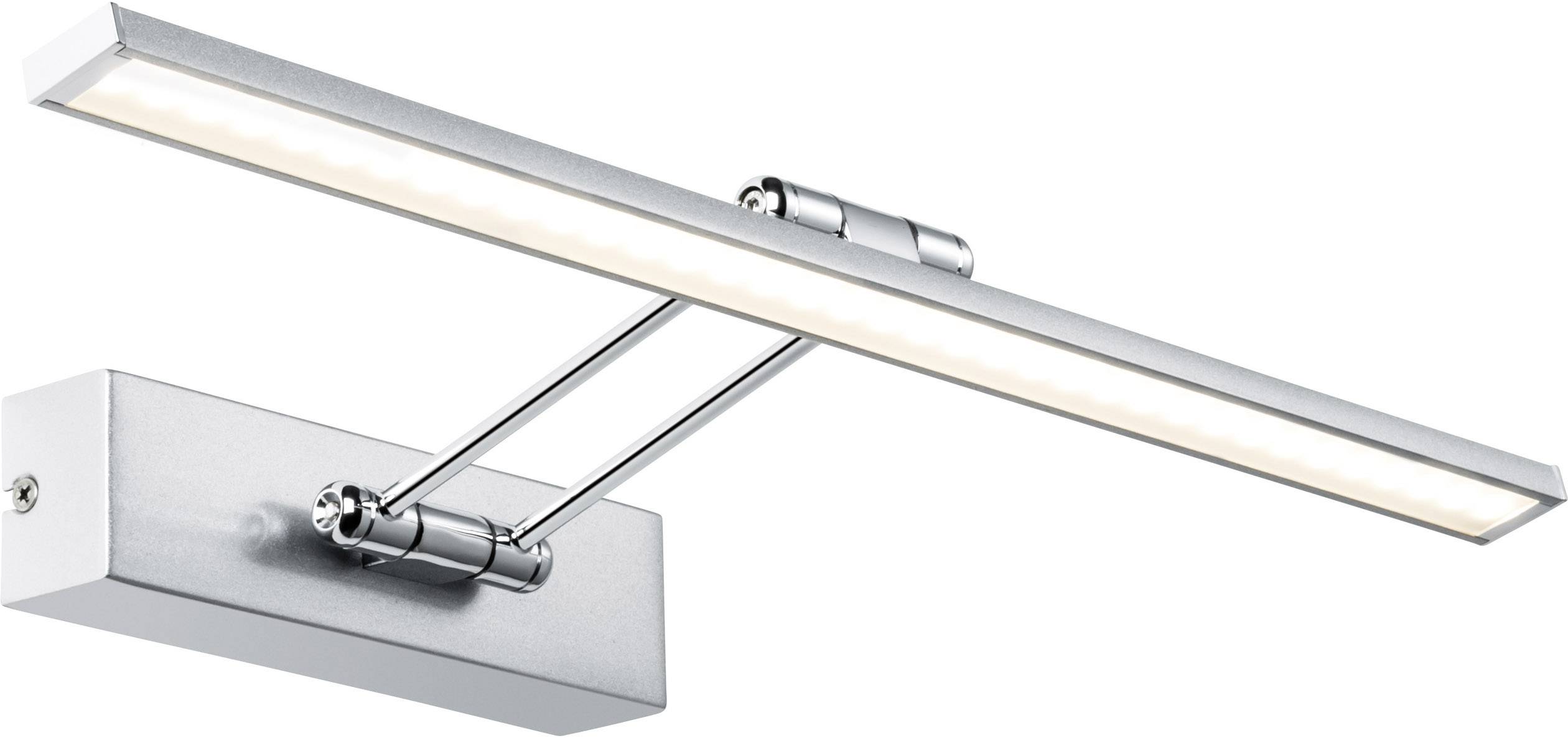 Silberne LED-Bilderleuchte mit langem, schwenkbarem Arm, rechteckiger Wandhalterung und warmweißem Licht. Geeignet zur Akzentbeleuchtung.