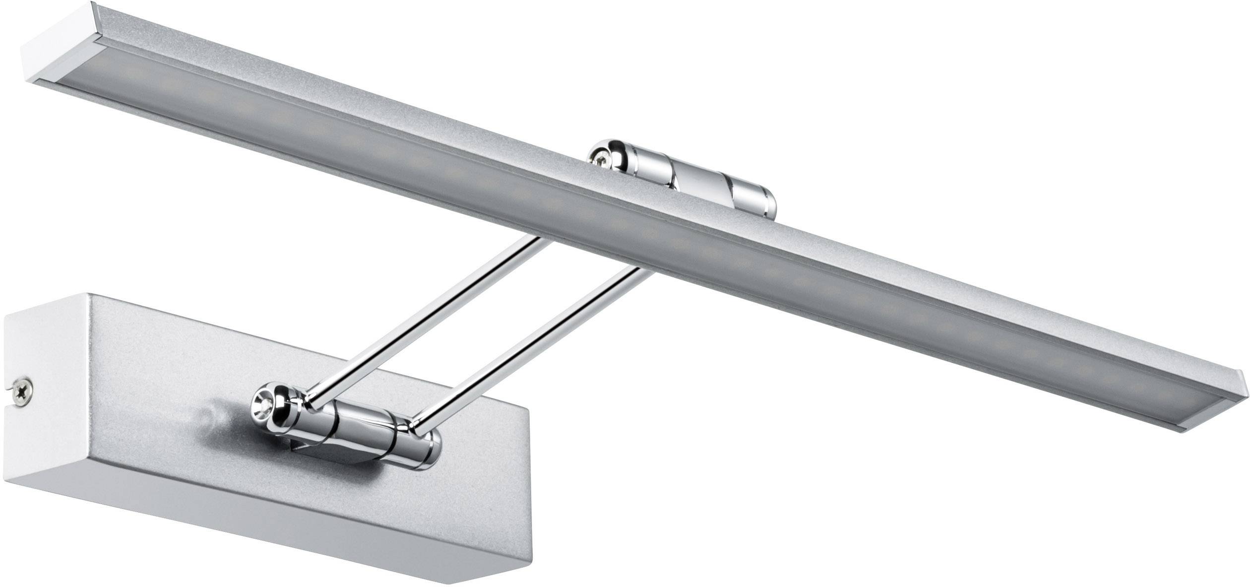 Silberne LED-Wandleuchte mit modernem, schlankem Design. Rechteckige Basis verbindet sich über zwei Scharniere mit einem langen, horizontalen Lichtbalken.
