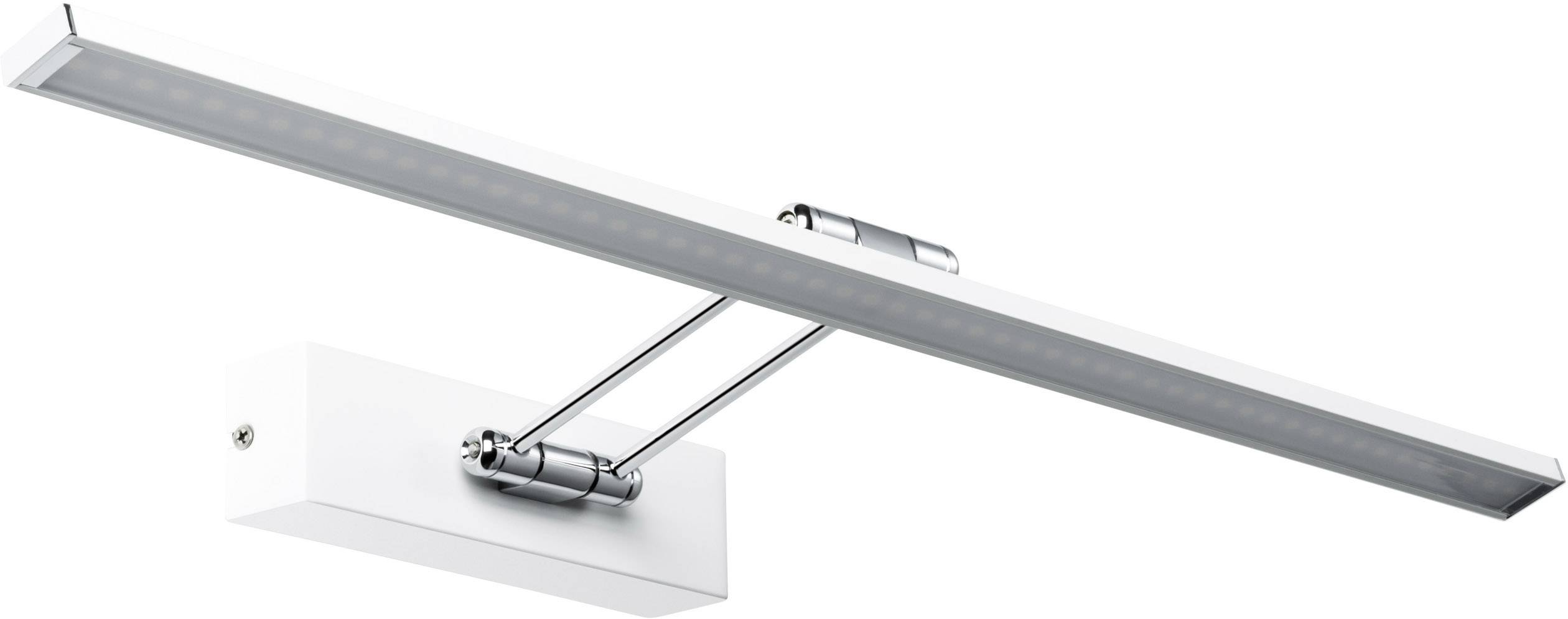 Weiße LED-Bilderleuchte mit langem, rechteckigem Leuchtkörper und silbernem Gelenkarm, zur gezielten Beleuchtung von Kunstwerken geeignet.