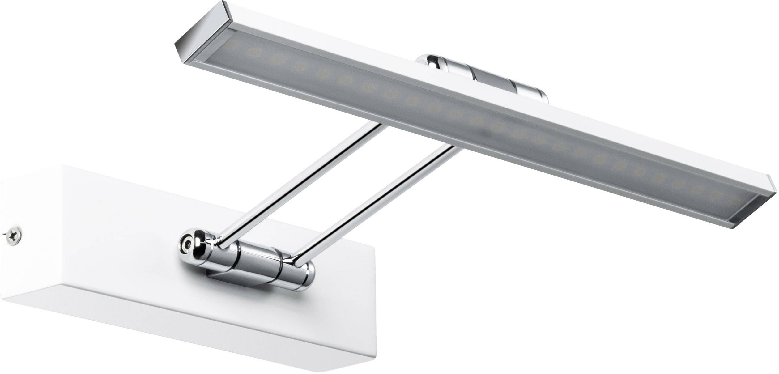 Silberne LED-Bilderleuchte mit rechteckigem, flachem Design und verstellbarem Arm, montiert auf einem weißen Wandhalter.