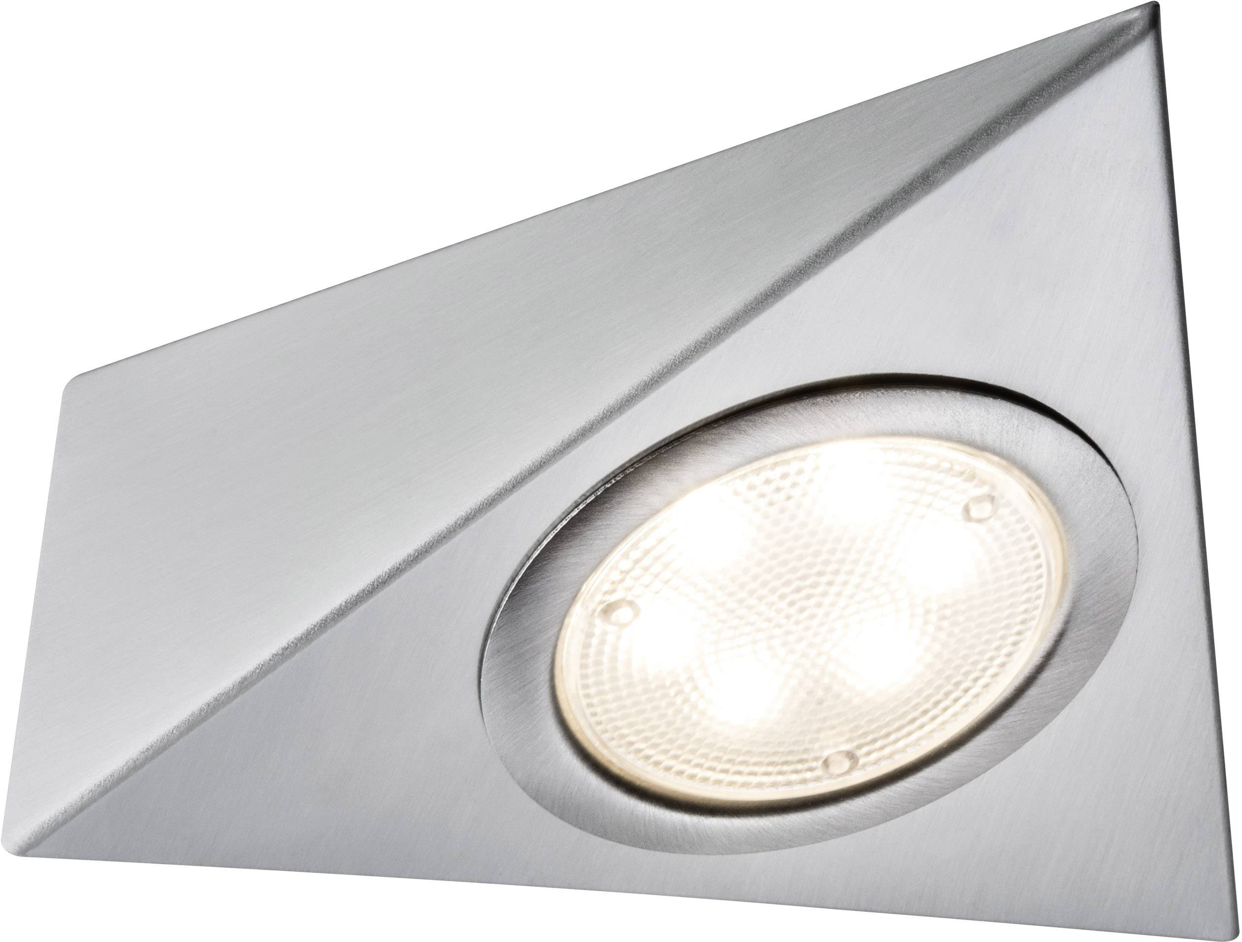 Dreieckige LED-Unterbauleuchte mit gebürsteter Metalloberfläche. Ideal zur Beleuchtung von Arbeitsflächen in Küchen.