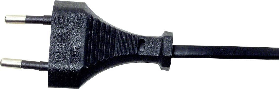 Ein schwarzer Eurostecker mit zwei runden Stiften und integriertem Kabel.