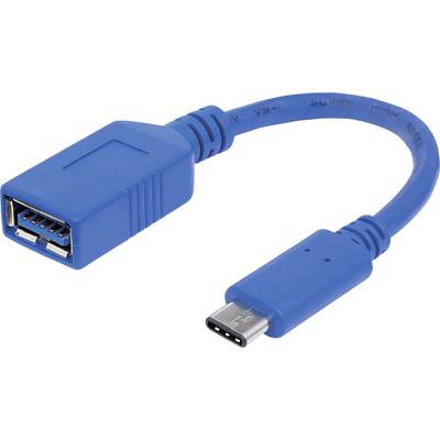 Blaues USB-Adapterkabel mit einem USB-A-Anschluss auf einer Seite und einem USB-C-Anschluss auf der anderen.