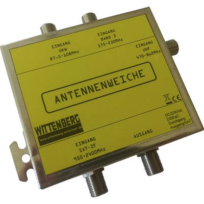 Ein gelbes Antennenweiche-Gerät mit vier Anschlüssen und Frequenzangaben von 87,5-2400 MHz. Herstellername 'Wittenberg' auf der Vorderseite.