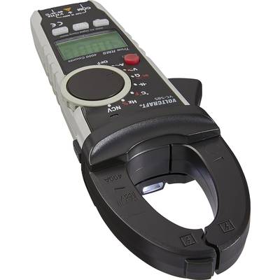 Ein digitaler Stromzangen-Multimeter mit verschiedenen Messoptionen auf dem Display. Gerät ist schwarz und grau, kompakt und tragbar.