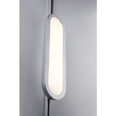 Eine schmale, ovale Wandlampe mit sanftem, gleichmäßigem Lichtschein, montiert an einer hellgrauen Wand.
