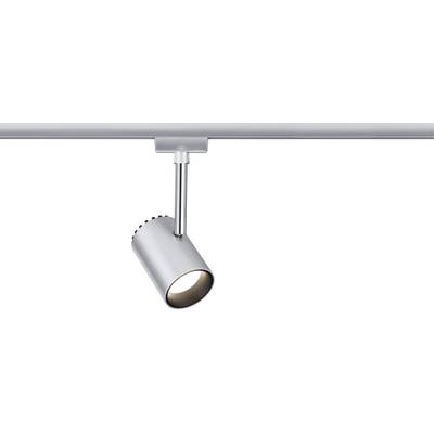Silberne Schienenleuchte mit zylinderformigem Strahler, an Schiene montiert. Ideal für gerichtete Beleuchtung in Innenräumen.