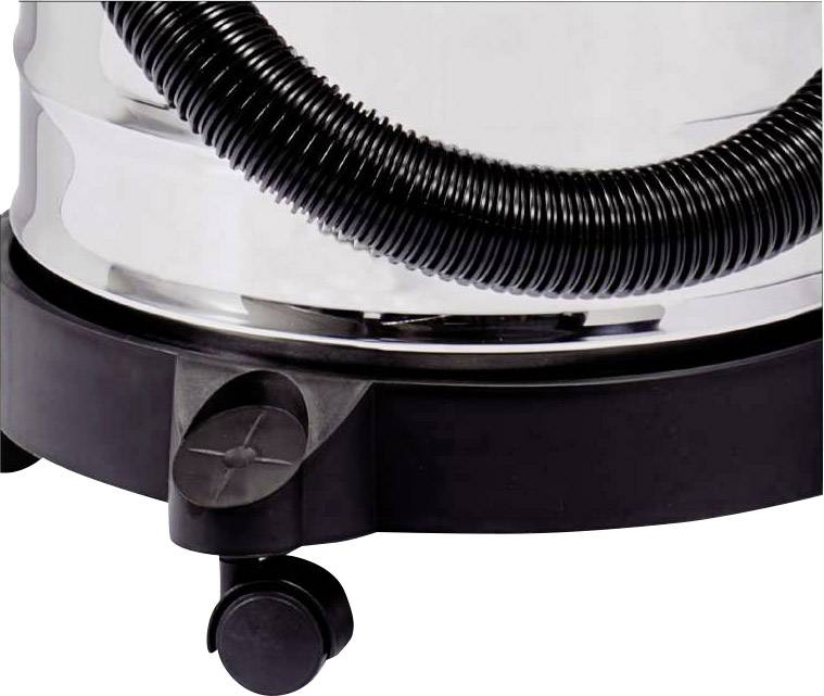 Teil eines Staubsaugers mit silbernem Metallgehäuse und schwarzem Schlauch auf Rollen.