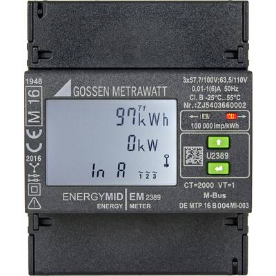 Elektrizitätszähler zeigt '97 kWh' Verbrauch und '0 kW' aktuelle Leistung. Modell Gossen Metrawatt Energy MID EM2389.