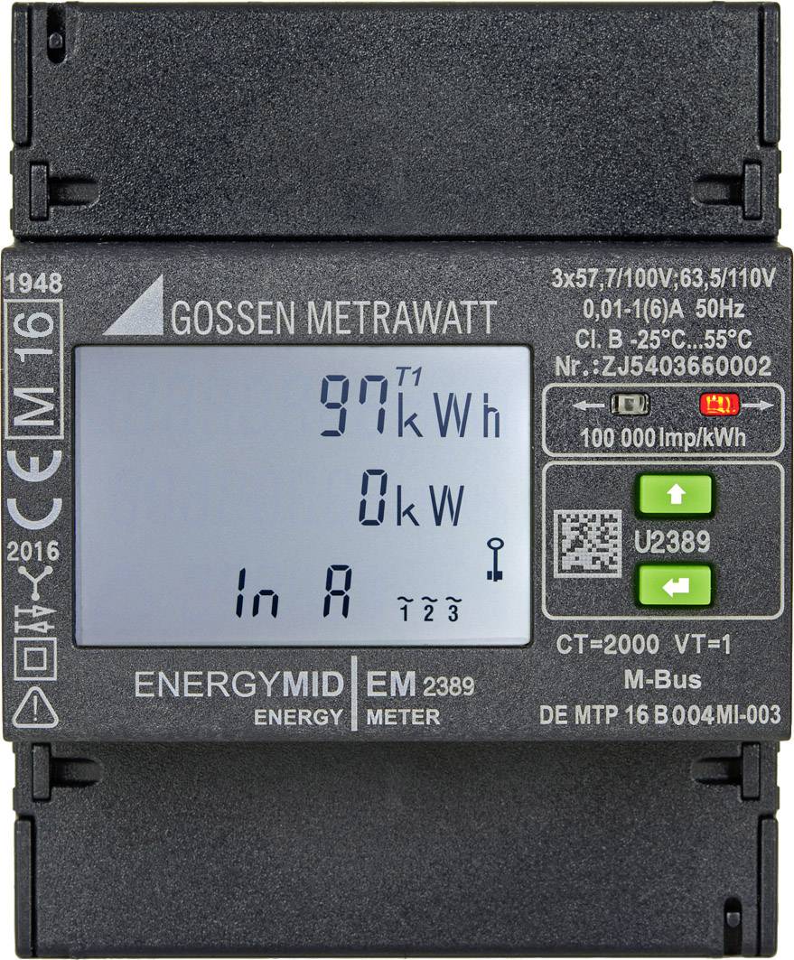 Ein digitaler Stromzähler mit Display zeigt '97 kWh', '0 kW' an. Unter dem Display sind grüne Tasten und ein QR-Code sichtbar.