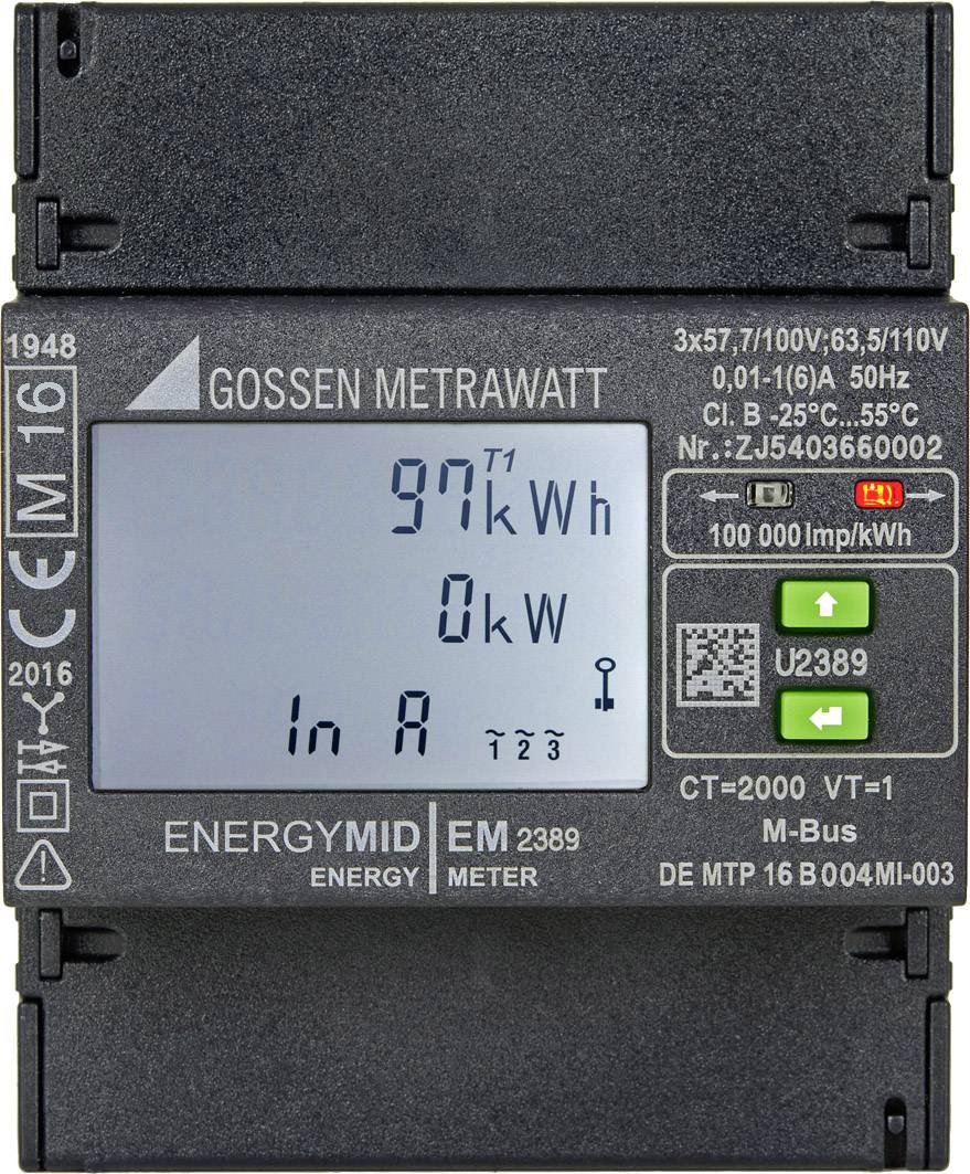 Ein Energiezähler mit Anzeige: '97 kWh', '0 kW'. Knöpfe mit Pfeilen und QR-Code. Modell: Gossen Metrawatt EnergyMID EM2389.