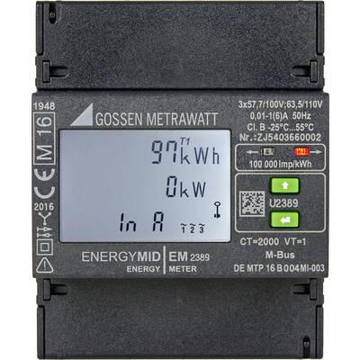 Ein Energiezähler mit Anzeige: '97 kWh', '0 kW'. Knöpfe mit Pfeilen und QR-Code. Modell: Gossen Metrawatt EnergyMID EM2389.