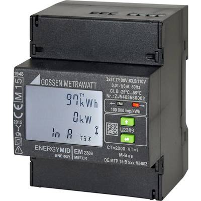 Elektrizitätszähler mit Digitalanzeige zeigt '97 kWh' Verbrauch. Funktionen: Energieverbrauchsmessung, LED-Anzeige, kompatibel mit M-Bus-System.