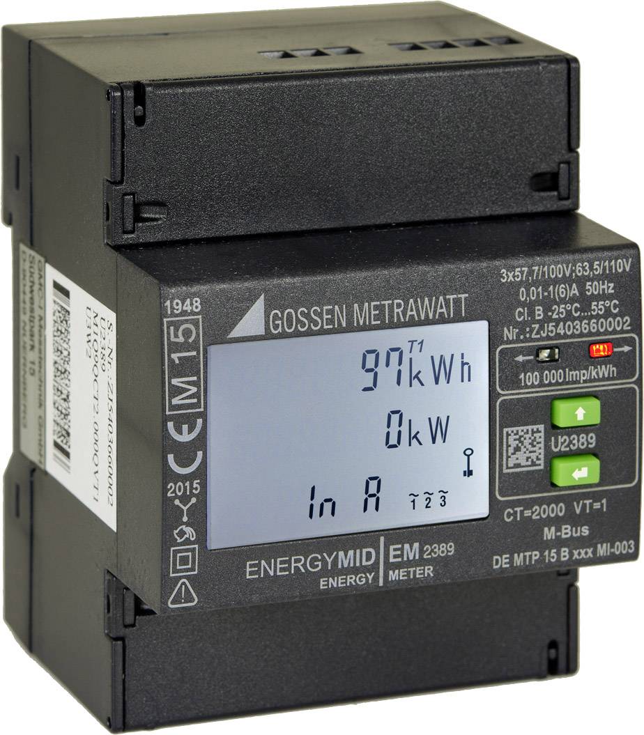 Ein digitaler Stromzähler zeigt '97 kWh', '0 kW'. Das Gerät hat mehrere Anschlussmöglichkeiten und ist für den industriellen Gebrauch geeignet.