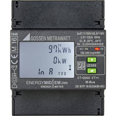 Digitaler Stromzähler mit Display zeigt '97 kWh', '0 kW' an. Modell: Gossen Metrawatt EnergyMID EM 2389. Tasten und QR-Code sichtbar.