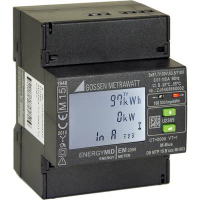 Ein schwarzer Energizähler mit digitalem Display zeigt '97 kWh' und '0 kW'. Oben sind technische Spezifikationen aufgedruckt.