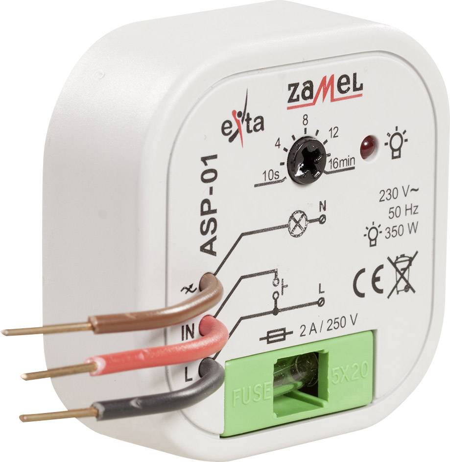 Zeitschaltrelais mit Einstellrad für Verzögerung zwischen 10 Sekunden und 16 Minuten, Anschlusskabel, 230 V, 50 Hz, 350 W, Typ 'ASP-01'.