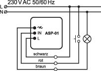 'Schaltplan eines Elektroschalters: zeigt Verdrahtung für eine Lampe mit Ein- und Ausschaltern. Beschriftungen: L, N, C, NO, NC.'