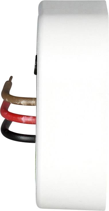 Seitenansicht eines weißen Elektronikgehäuses mit herausragenden braunen, roten und schwarzen Drähten.