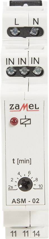 Ein weißes Zeitrelais mit einer roten LED-Anzeige und einem schwarzen Drehregler zur Zeitsteuerung von 0,2 Sekunden bis 10 Minuten. Oben sind Klemmen für Verbindungen sichtbar.