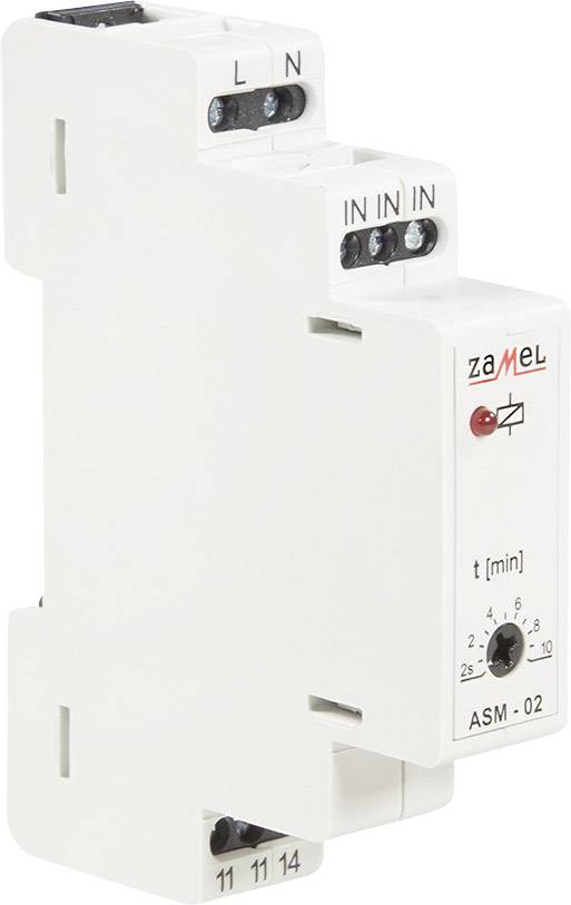 Ein elektronisches Zeitrelais auf DIN-Schiene montiert, mit Regelknopf für Zeitverzögerungseinstellung in Minuten, Modell 'ASM-02'.