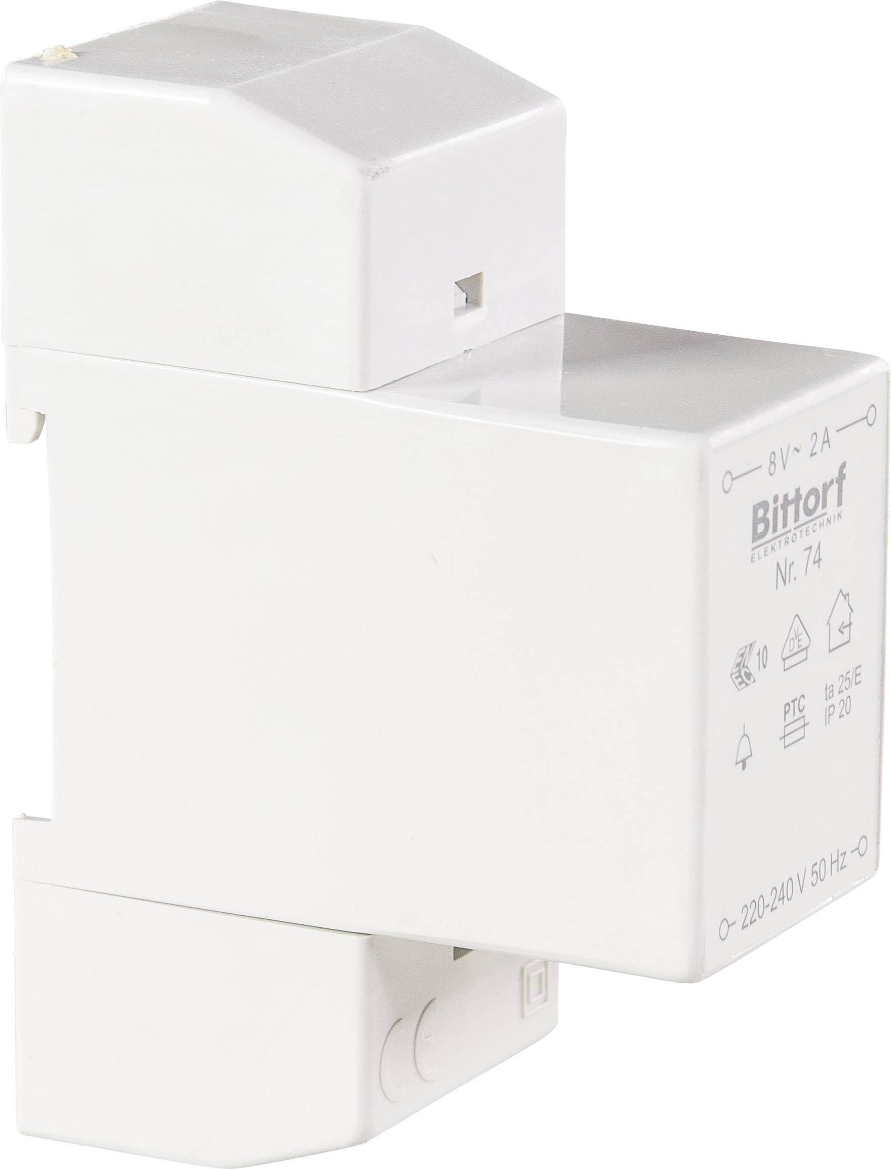 Ein weißes, rechteckiges elektrisches Gerät zur Hutschienenmontage mit Aufschrift 'Bittorf Nr. 74', geeignet für 220-240V, 50Hz.