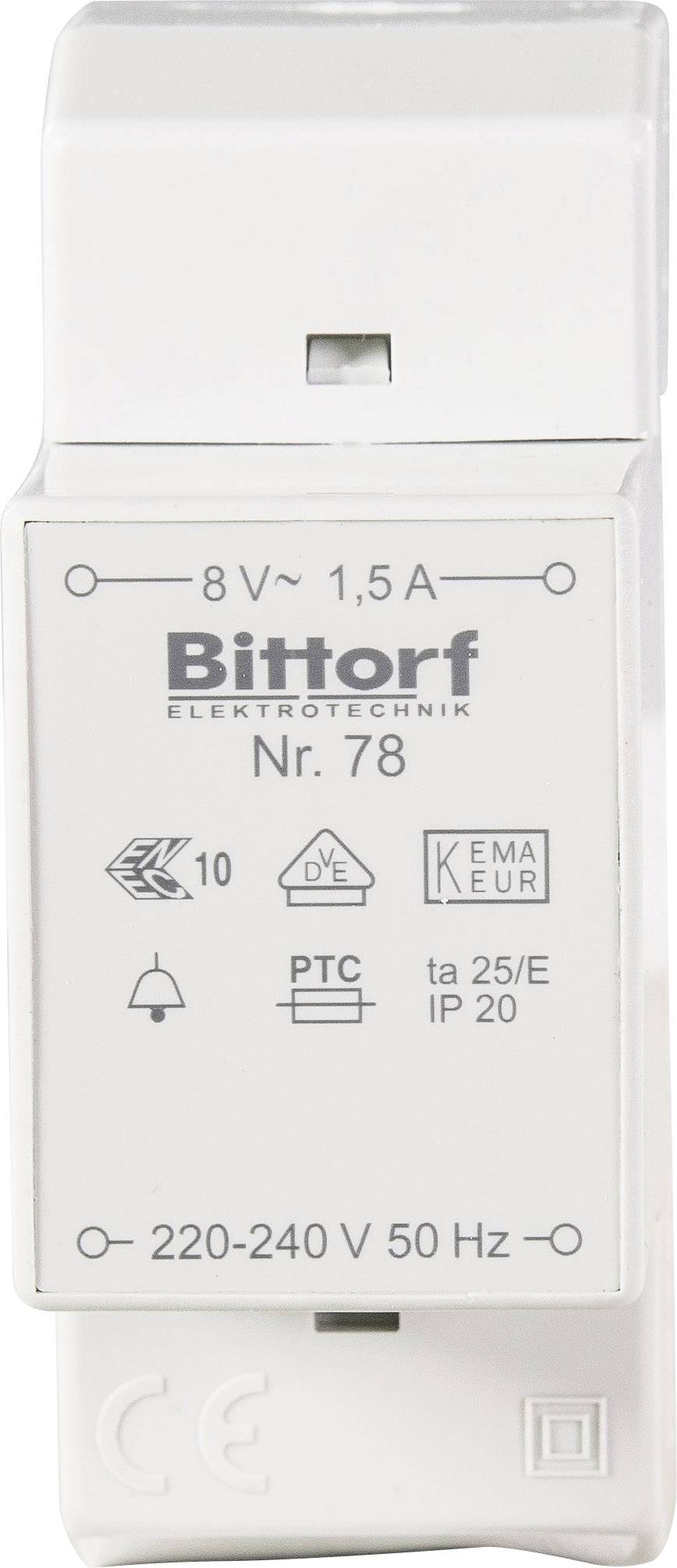 'Transformatormodul, 8V, 1,5A, Markenname 'Bittorf', Nr. 78, geeignet für 220-240V bei 50Hz, mit Schutzklasse IP20 und KEMA-KEUR-Zertifizierung.'