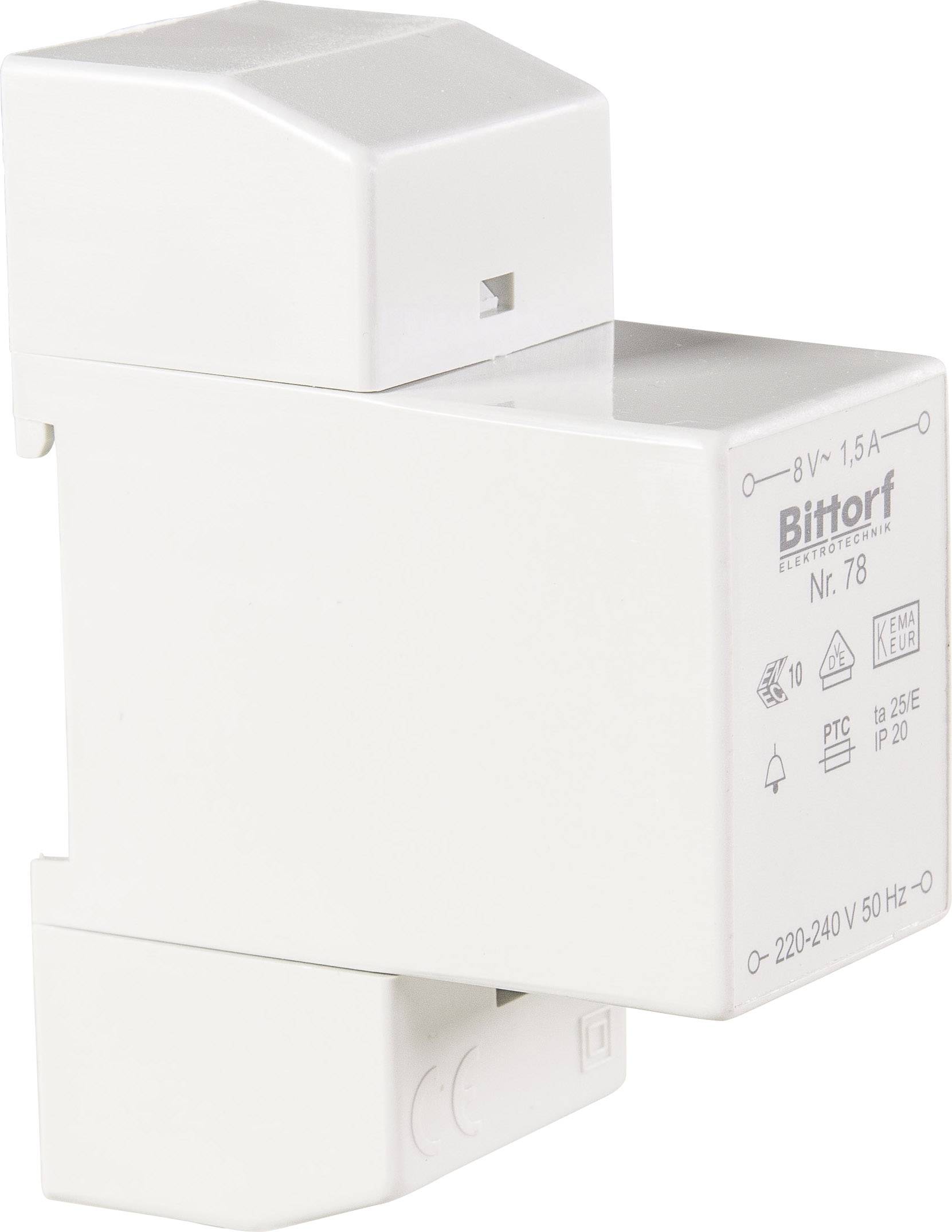 Ein weißer elektrischer Klingeltrafo der Marke Bittorf Nr. 78, geeignet für 8V und 1,5A, für den Einsatz bei 220-240V und 50Hz.