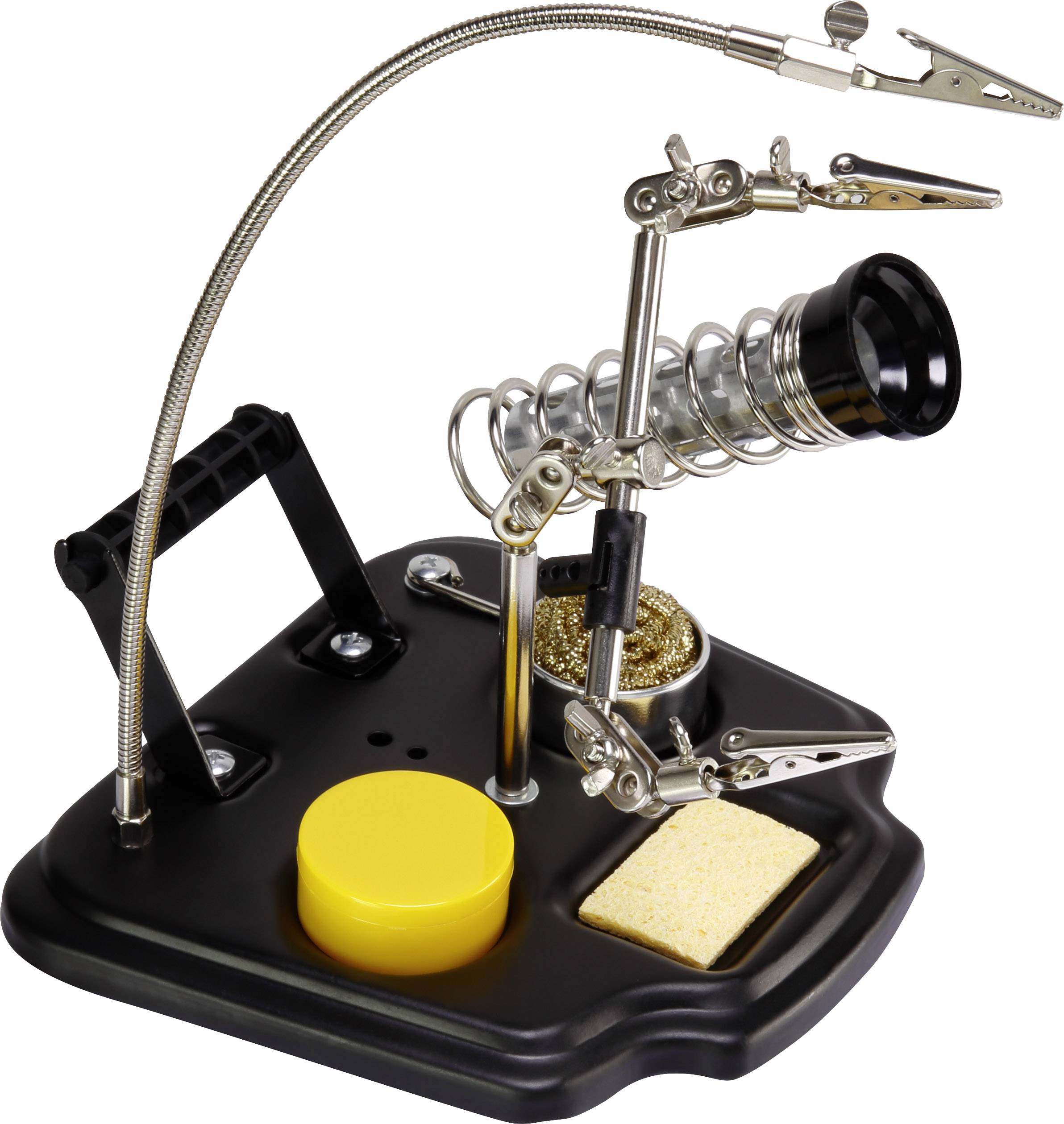 Lötstation mit Lötkolbenhalter, flexibel einstellbare Krokodilklemmen und Reinigungsschwamm auf schwarzem Sockel.