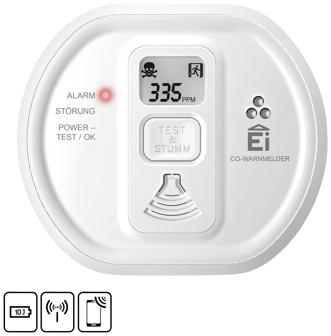 Ein CO-Warnmelder zeigt '335 PPM' auf dem Display. Eine rote Alarmleuchte leuchtet. Tasten: 'Test & Stumm'. Symbole unten darstellen Batteriestatus, Funkverbindung und Smartphone.