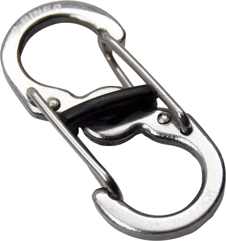 Ein metallischer Doppelkarabiner mit zwei Haken, verbunden durch einen schwarzen Mittelteil, liegt auf einer weißen Oberfläche.