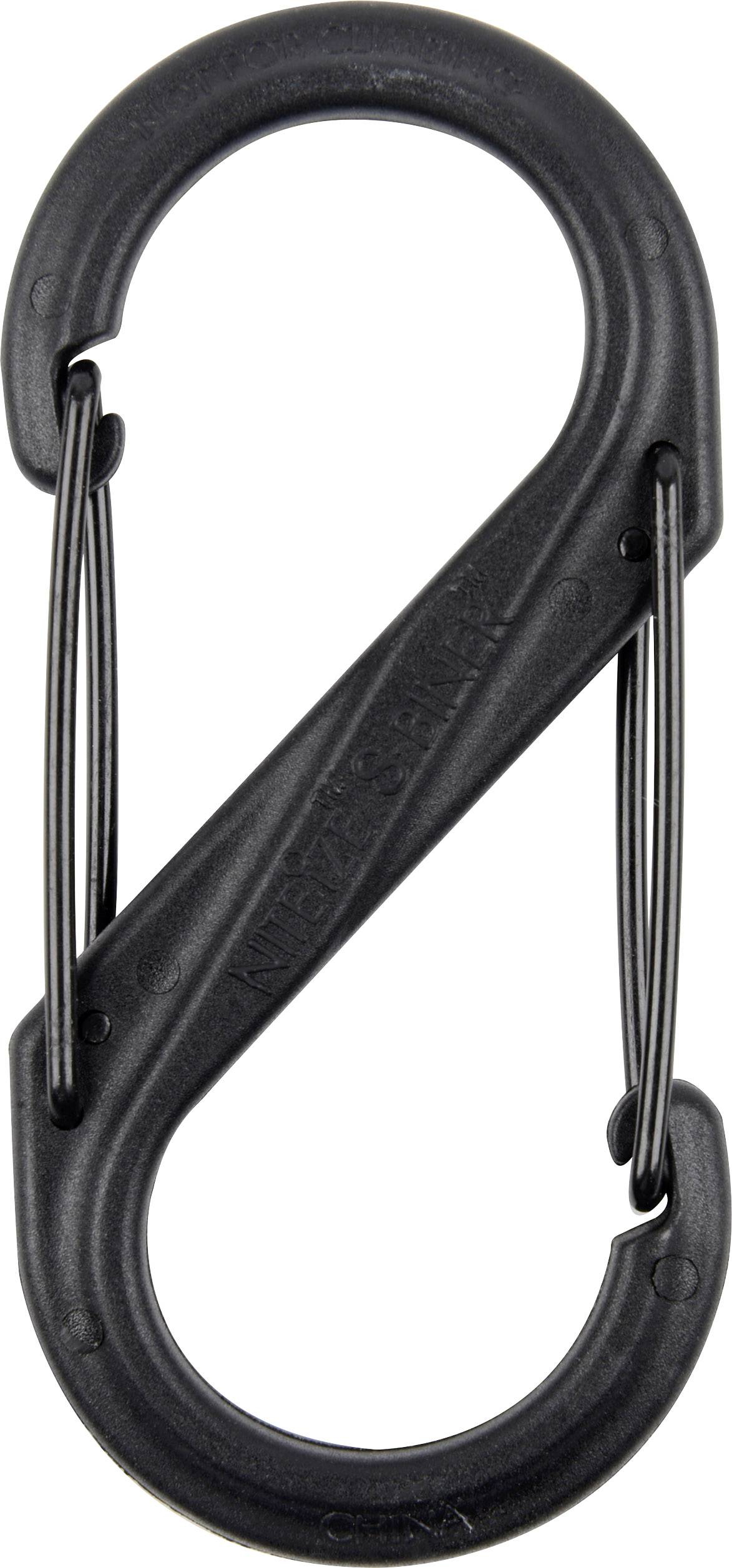Ein schwarzer Karabiner in S-Form mit zwei Schnappverschlüssen, verwendet zum Verbinden oder Befestigen von Gegenständen.