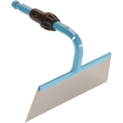 Ein blaues Handgerät mit einem breiten, rechteckigen Metallblatt, das zum Entfernen von Unkraut im Garten verwendet wird.