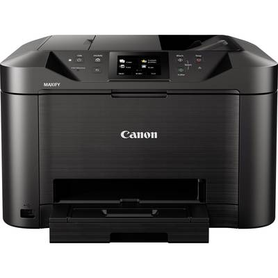 Ein schwarzer Multifunktionsdrucker auf einem Tisch. Das Display zeigt verschiedene Optionen. Marke ist auf der Vorderseite sichtbar.