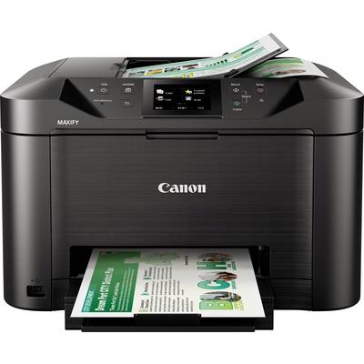 Schwarzer Multifunktionsdrucker mit farbigem Display. Zwei Dokumente werden oben eingescannt, und ein farbiges Dokument wird unten gedruckt.