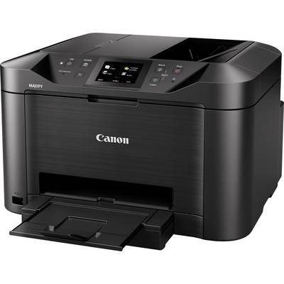 Ein schwarzer Drucker mit Display und mehreren Bedienelementen auf der Oberseite. Es ist ein Modell der Marke Canon.