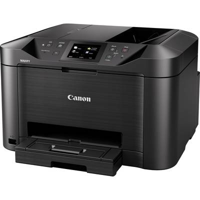 Ein schwarzer Canon MAXIFY Drucker mit Bedienfeld und Papierausgabefach vorne geöffnet.