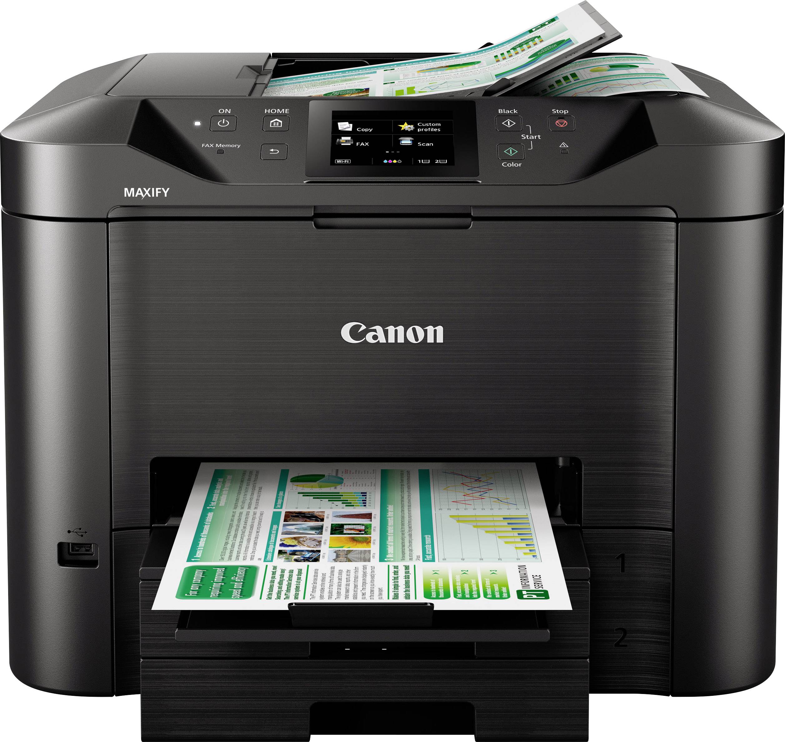 'Canon Maxify-Drucker' druckt ein buntes Dokument. Ein weiteres Dokument liegt im Einzug. Das Display ist beleuchtet und zeigt Einstellungen.
