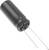 Ein schwarzer, zylindrischer elektrotechnischer Kondensator mit zwei langen Metallanschlüssen.