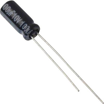Ein schwarzer, zylindrischer Elektrolytkondensator mit der Aufschrift '100V 10µF', zwei Metallbeine ragen heraus.