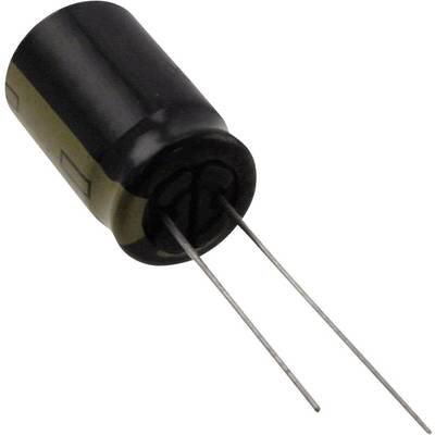 Ein schwarzer zylindrischer Kondensator mit zwei herausragenden Metallanschlüssen.