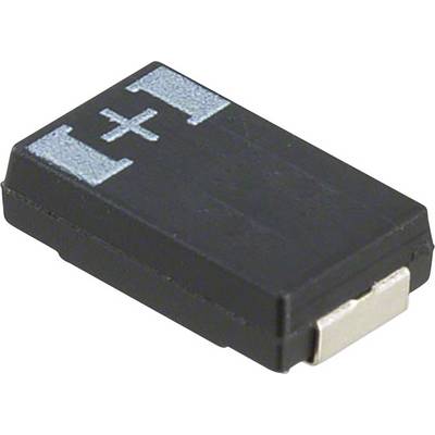Ein schwarzer elektronischer Bauteil mit Pluszeichen auf der Oberseite, vermutlich eine Diode oder ein Kondensator, auf weißem Hintergrund.