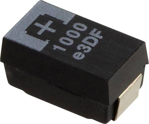 Ein schwarzer SMD-Tantal-Kondensator mit der Beschriftung '1000 e3DF' und einem Pluszeichen, das die Polarität anzeigt.