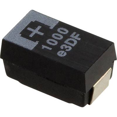Ein schwarzer SMD-Tantal-Kondensator mit der Beschriftung '1000 e3DF' und einem Pluszeichen, das die Polarität anzeigt.