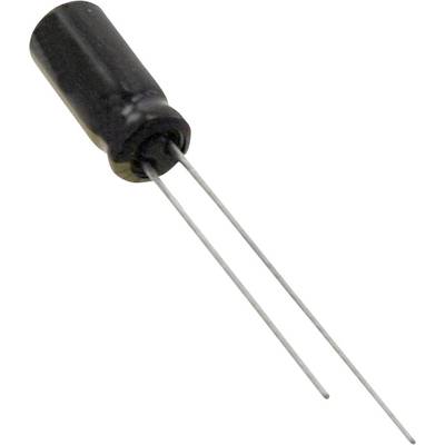 Ein schwarzer, zylindrischer Elektrolytkondensator mit zwei langen, dünnen Metallanschlüssen.