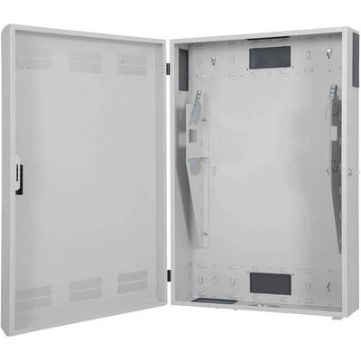 Ein offener, leerer Metallschrank an der Wand, geeignet zur Aufnahme von elektronischen Geräten oder Verkabelungen.