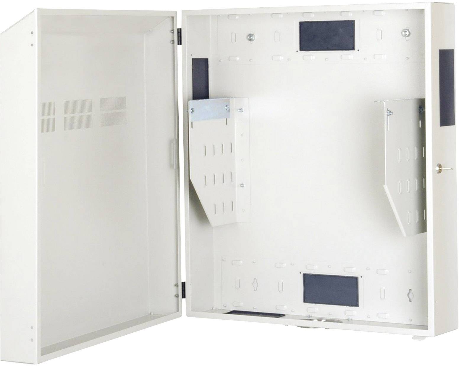 Offener, leerer weißer Metallkasten mit Scharnieren links; geeignet für elektronische Geräte oder Sicherungskästenmontage.