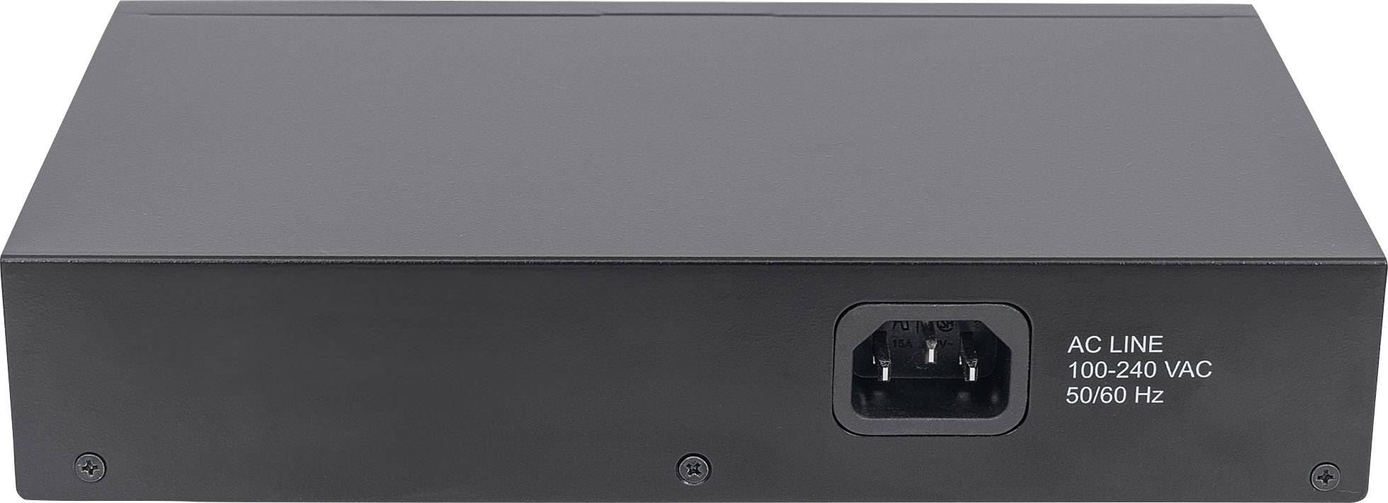 Rückseite eines elektronischen Geräts mit Stromanschluss. Aufschrift: 'AC LINE 100-240 VAC 50/60 Hz'.